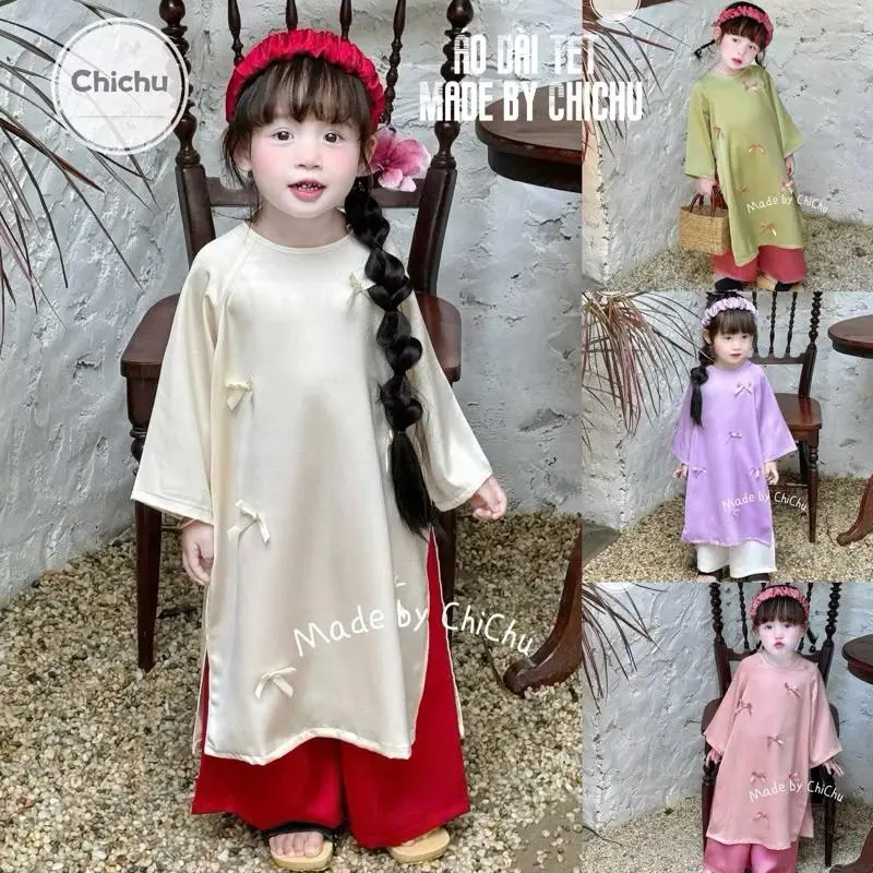 Áo dài cho bé gái cổ tròn đính nơ kèm cài tóc siêu đáng yêu cho bé gái mặc áo dài tết