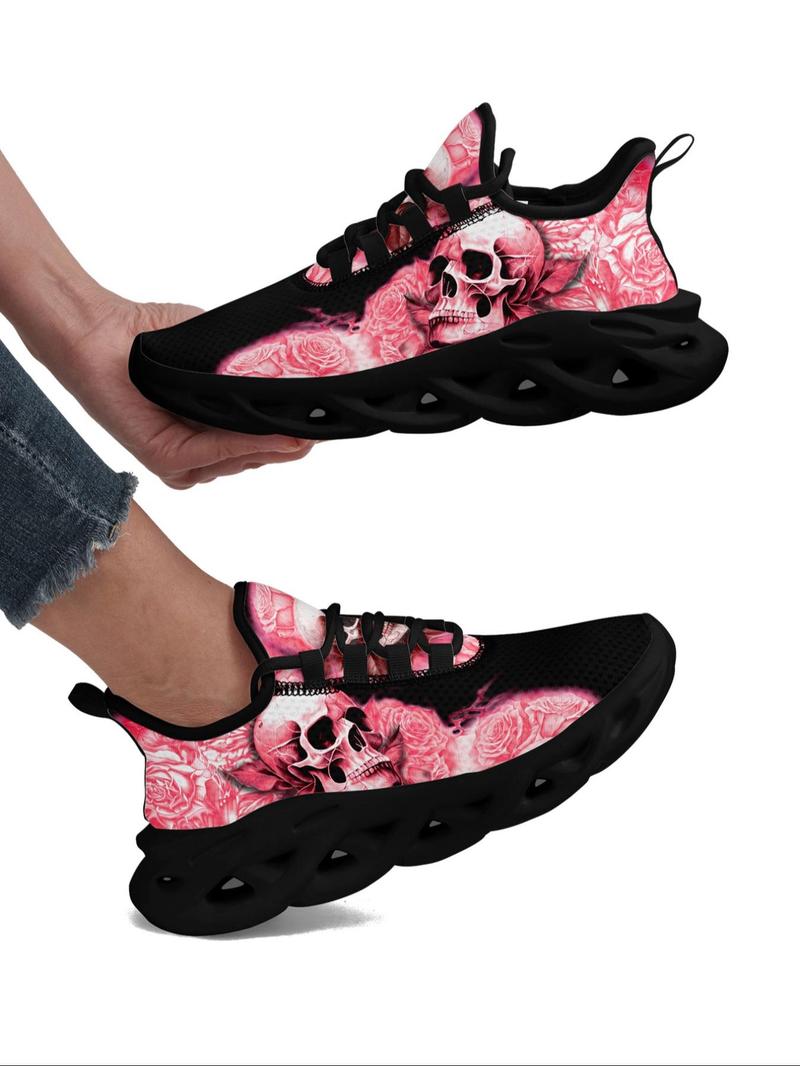 Product Introduction of Women's Trainers, Fashionable Skull & Floral Print Lace Up Low Top Sneakers, Casual Comfortable Blade Soles Sports Shoes, All-match Round Toe Chunky Sneakers for Daily 15