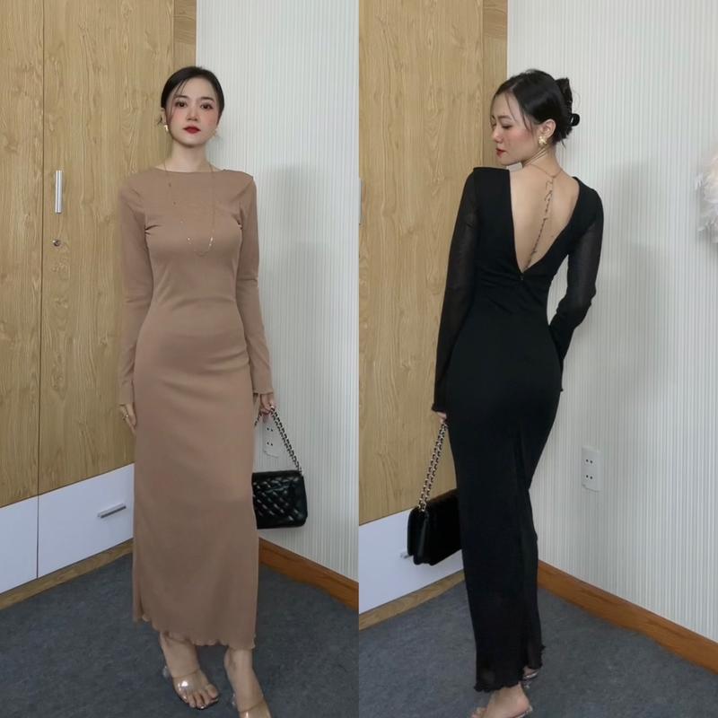  D44 - Đầm Body Đuôi Xòe Hở Lưng Phối Tay Loe Thanh Lịch CEBA BOUTIQUE Nữ Women Dress Đen 