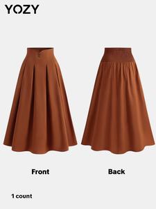 YOZY Women's Plain Shirred Button Front A Line Skirt, Casual Fashion Long Skirt for Daily Wear, Ladies Bottoms for All Seasons