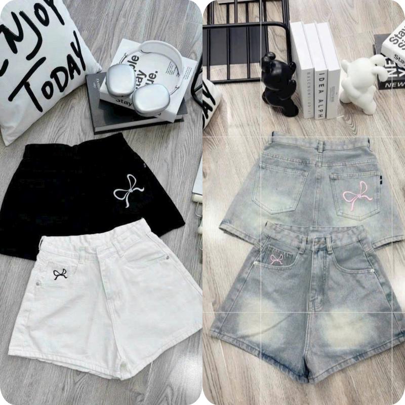 Quần Sọt Jean Nữ - Quần Short Nữ Thêu Nơ 2 Bên Túi Cạp Cao Ôm Eo Basic Dễ Mĩx Đồ Chất QC Cao Cấp HYDI Jean S-M-L Women Pants Denim