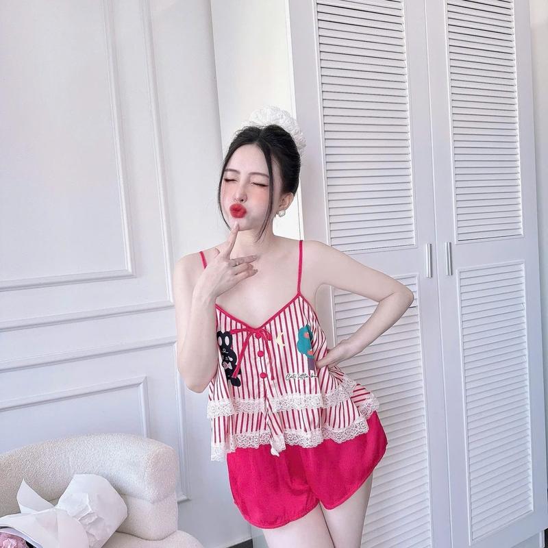 Bộ ngủ 2 dây Bunny cao cấp phối ren Đồ bộ 2 dây phối ren tầng cao cấp dành cho nữ lụa latin cao cấp mềm mại mát mẻ Bộ 2 dây sang chảnh Women đồbộ mặc nhà d ễ thương 5