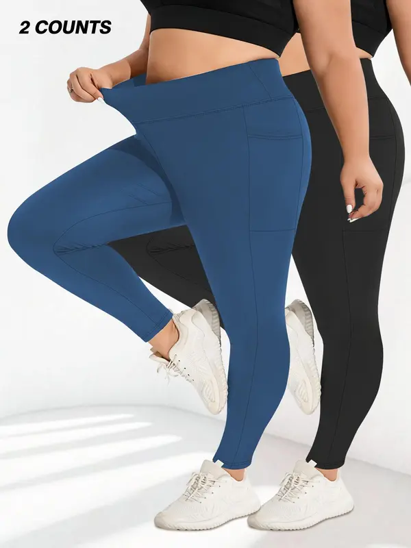 【Plus Size】 Solid High Waist Pocket Leggings, Casual Comfy Breathable Skinny Pants for Daily Wear, Women's Bottoms for All Seasons 2