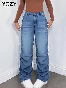 YOZY Women's Plain Ruched Button Fly Denim Jeans, Casual Comfy Pocket Jeans for Daily Wear, Ladies Bottoms for All Seasons
