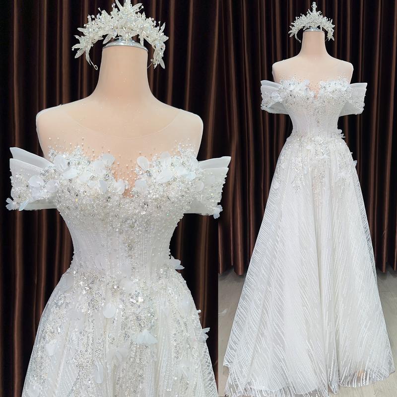 [Tặng voan] váy cưới trắng kiểu dáng maxi BOHO mặc đi bàn, không mặc tùng, dáng suông chạm đất, chất liệu ren kim tuyến mịn nhẹ nhàng mã 176 Nữ Áo Cưới Women