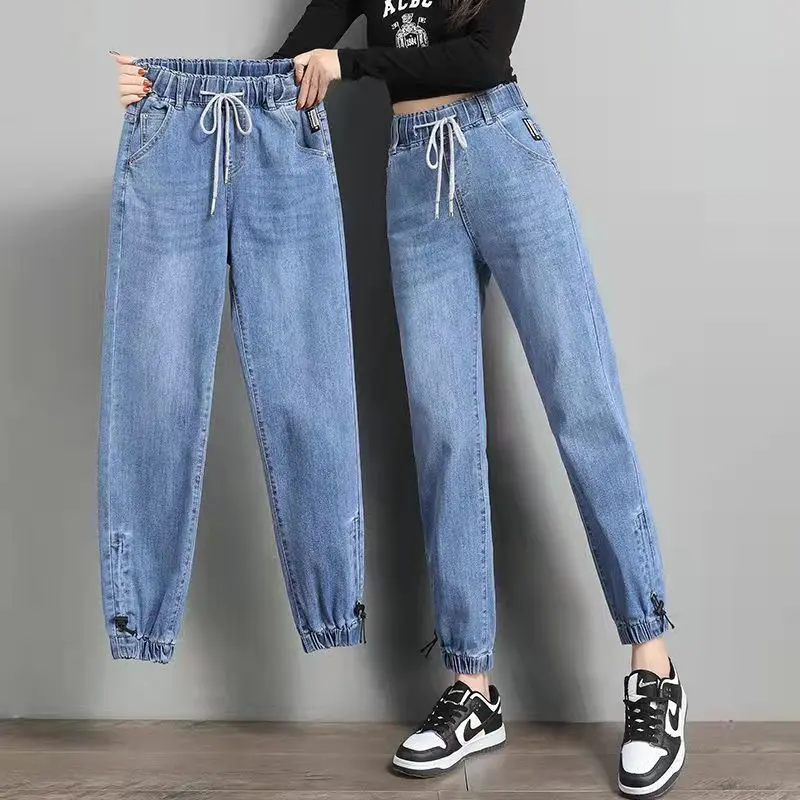 Quần Jean Lưng Thun, Dành Cho Nữ, Dáng Rộng Vừa Vặn, Phong Cách Hàn Quốc, Cạp Cao, Dáng Ôm, Dễ Phối Đồ, Quần Harem Cropped Thẳng, Quần Daddy, Mùa Xuân 2024