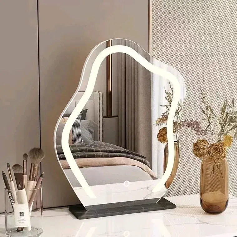 Gương hạt đậu để bàn trang điểm có viền phun cát Led cảm ứng ( tặng kèm đế gỗ ) 6