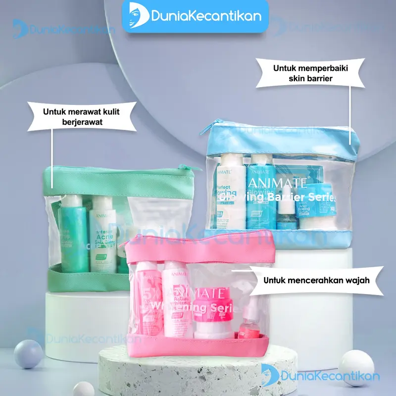 ANIMATE PAKET SKINCARE 5 IN 1 Instant Whitening //  Glowing Barrier Skin Repair // Acne Solution // 3 in 1 Acid Bersihkan Mencerahkan Wajah Facial animate  biru 0