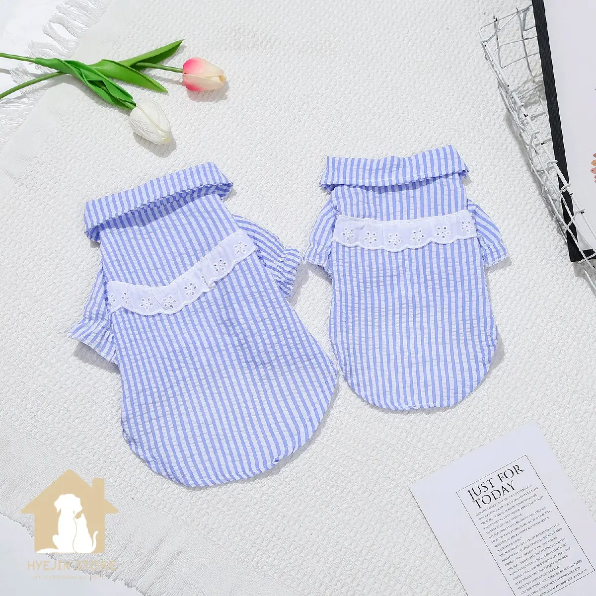 Sky Shirt | Baju hewan peliharaan anjing kucing kemeja biru garis garis renda putih