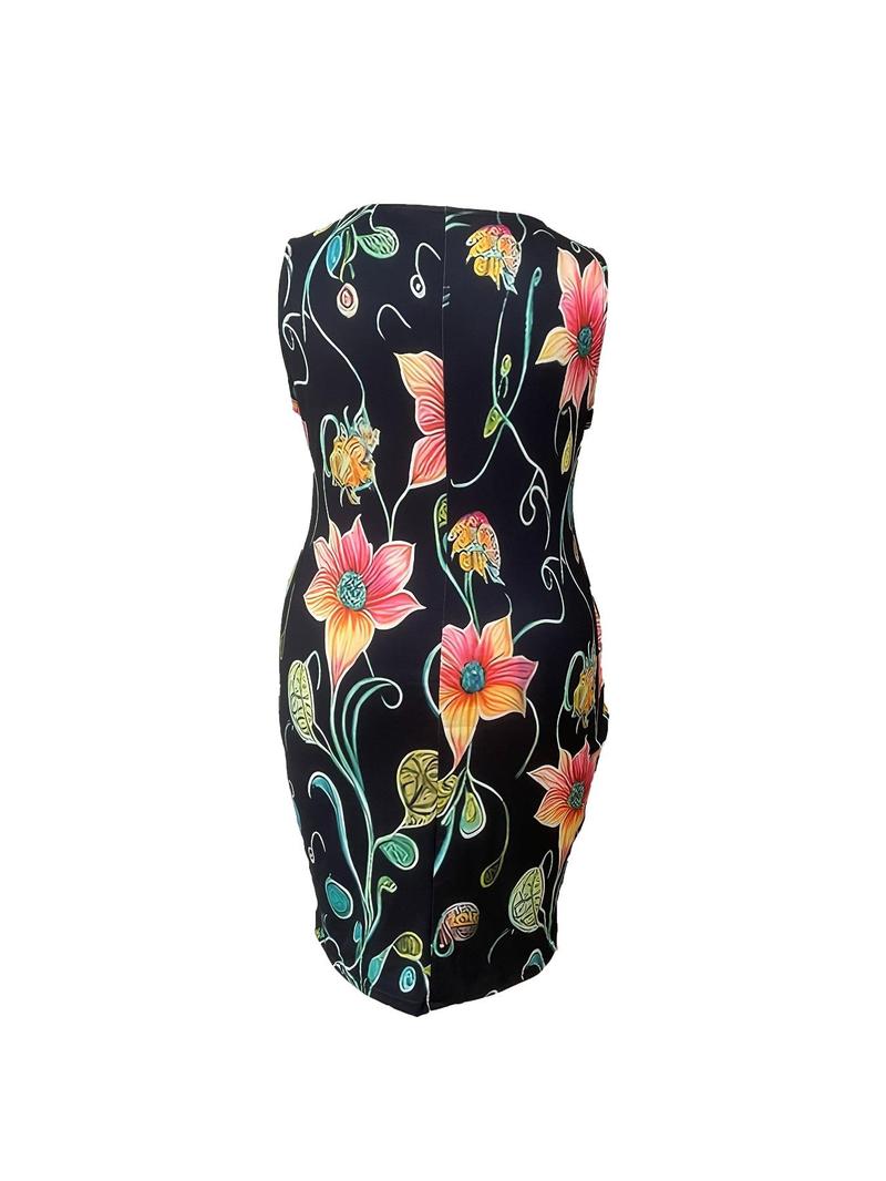Product Introduction of 【Plus Size】 All Over Print Round Neck Dress, Elegant Fashion Casual Crew Neck Short Dress for Daily Outdoor Wear, Women Plus Clothing for All Seasons 2