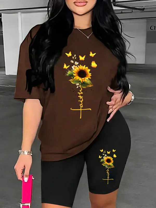 Women's Sunflower & Butterfly Print Tee & Skinny Shorts Two-piece Set, Casual Fashion Cozy Round Neck Short Sleeve T-shirt & Shorts for Daily Outdoor Wear, Ladies Summer Clothes, Suits 6