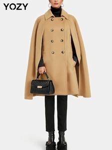 YOZY Women's Solid Button Front Cloak Sleeve Woolen Coat, Casual Pocket Design Long Sleeve Collared Outerwear for Fall & Winter, Women's Clothing for Daily Wear