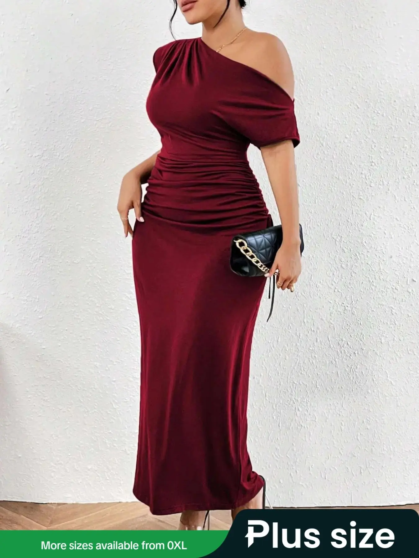 【Plus Size】 Plain Ruched Asymmetrical Neck Dress, Elegant Short Sleeve Dress for Party Holiday, Holiday Dresses, Wedding Guest Dresses, Women's Clothes for Spring & Fall, Gowns Beautiful Gowns, Formal Dresses Women
