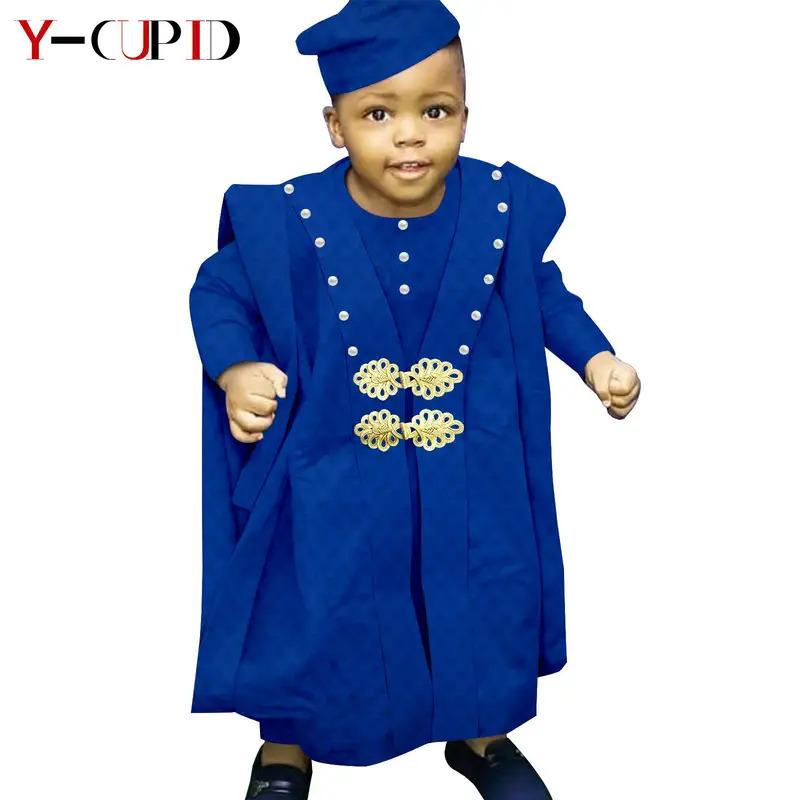 African Boy Outfit Bazin Riche Muslim Jacquard 4 Pieces Sets Tee Pant Robes and Cap Kids Children Suits Agbada Outwear Y234017 3