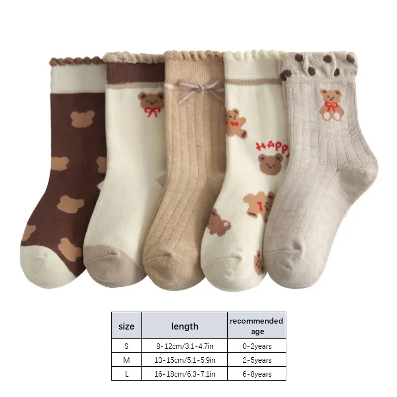 Tất Cotton Ấm Áp Cho Bé, 5 Đôi / lô, Gấu Hoạt Hình, Mùa Thu Đông, Cho Trẻ Mới Biết Đi, Bé Trai Và Bé Gái, Nơ In Hình Dễ Thương, Tất Ống Giữa Cho Trẻ Em 8