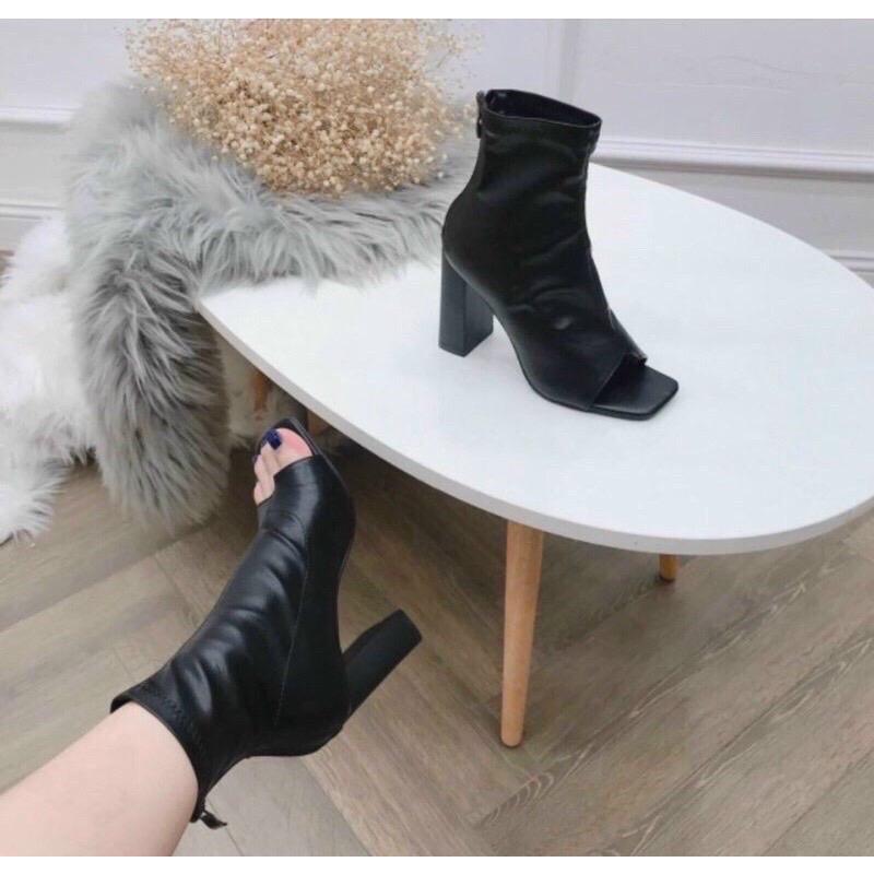 Bốt cổ lửng sỏ ngón chất da mềm hàng QC thời trang cao cấp Mũi tròn Boot Nữ Len Nhung