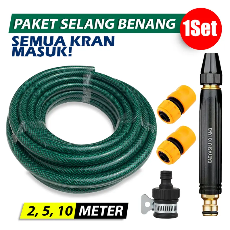 Selang Semprotan Air Semprot Cuci Motor Mobil Siram Taman Benang Hijau Anti Lumut 2mm - Komplit Universal Paket Selang + Semprotan Bonus Konektor Quick Release 1
