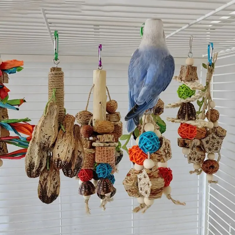 Bird Parrot Toy Natural Wooden Blocks Bird Chewing Toy Parrot Cage Toy Parrot Cage Colorful Hanging Decoration