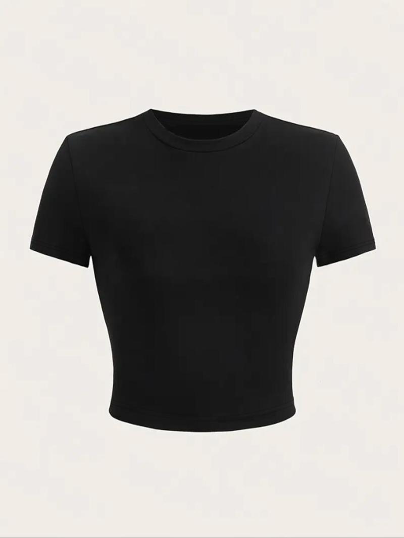 Product Introduction of Women's Plain Round Neck Crop Tee, Casual Short Sleeve Crew Neck T-Shirt for Summer, Fashion Women's Top for Daily Wear 5