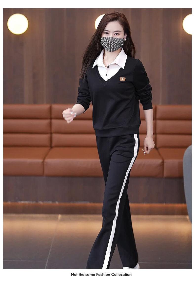 Product Introduction of Bộ Đồ Quần Áo Thể Thao Thường Ngày Cho Nữ, Bộ Sưu Tập Mùa Xuân Và Mùa Thu, Thời Trang Mới, Thích Hợp Cho Mẹ Trẻ, Áo Sơ Mi Chắp Vá, Cổ Áo, Áo Len Mỏng, Bộ Hai Mảnh 14