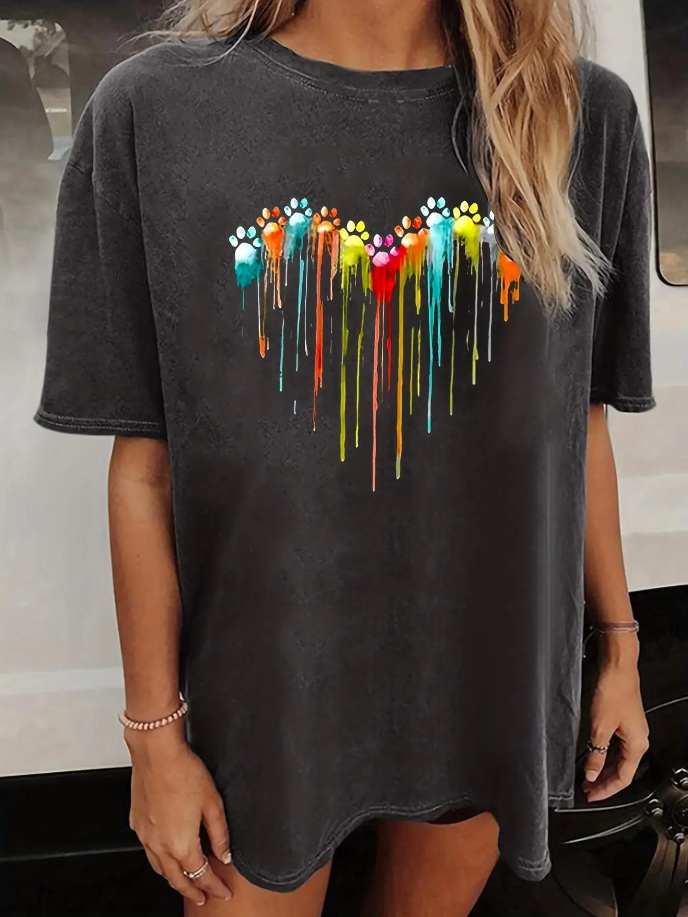Women's Colorblock Heart Print Drop Shoulder Summer Tee, Summer Clothes Women Casual Comfort Shortsleeve Round Neck T-shirt for Summer, Lady Fitted Crewneck Top Summer Clothes, Valentine's Day Womenswear Gift