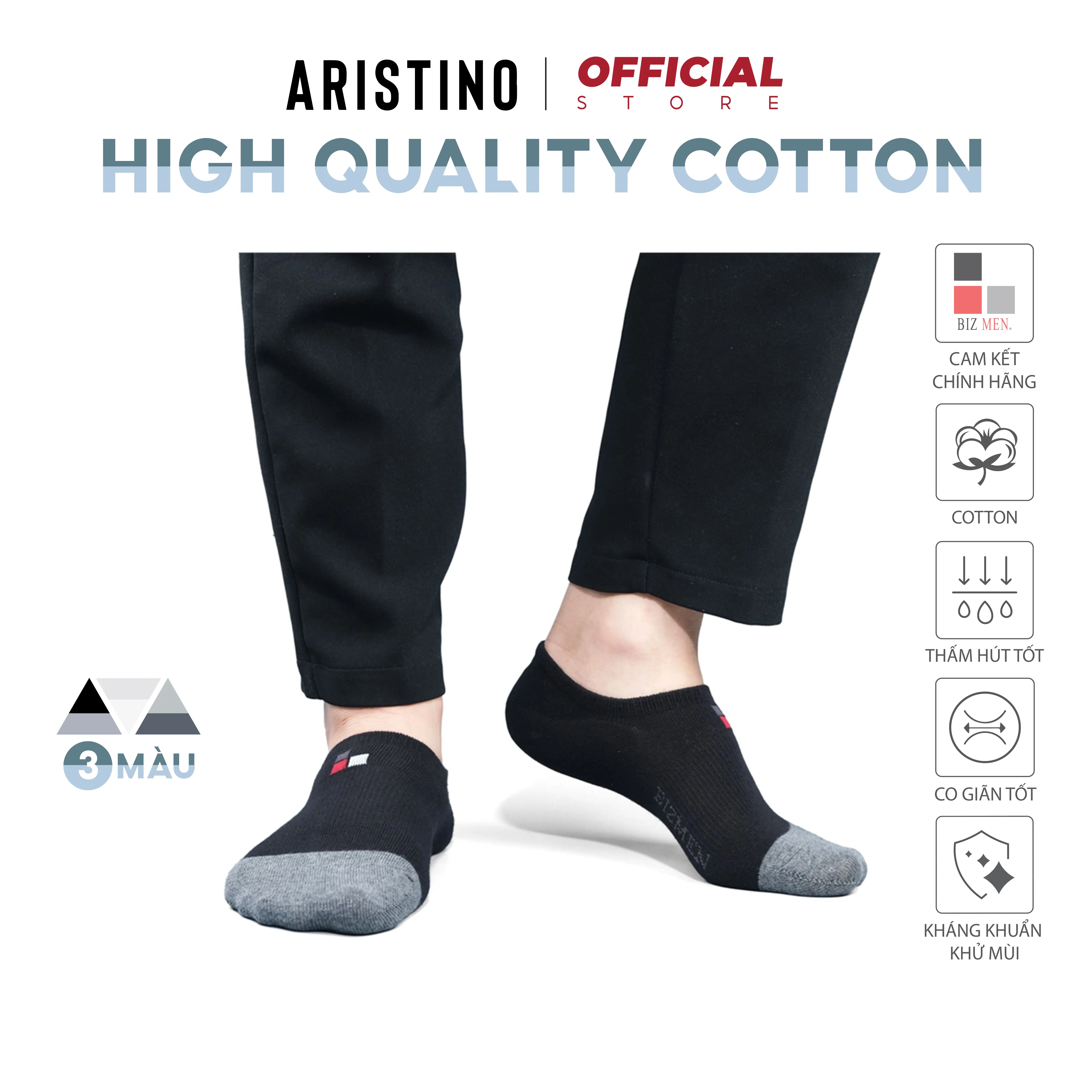 Tất, Vớ nam ARISTINO BIZMEN cổ ngắn phối màu cotton mềm nano Ag+ kháng khuẩn, chống hôi - CO.06