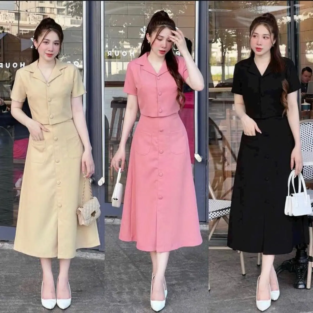 Sét Nữ Sang Chảnh Gồm Áo Kèm Chân Váy Dài Nút Bọc Coton Lạnh 3 Màu Y Hình