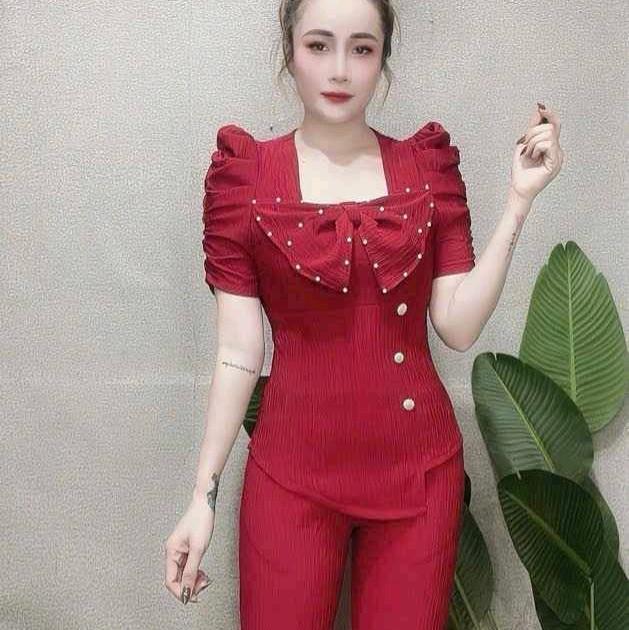 Set bộ quần dài ống ôm phối nơ ở trước áo tay phồng vải thun xốp  Women 3