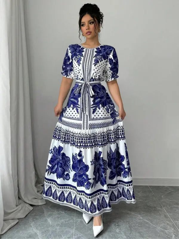Women's Floral Print Belted Dress, Elegant Casual Round Neck  Dress for Spring & Fall, Women's Clothing for Daily Wear 2