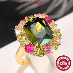 AGIAO Cincin Mewah Wanita Zirkon Kilau 5A Warna Safir Hijau Seri Secret Garden