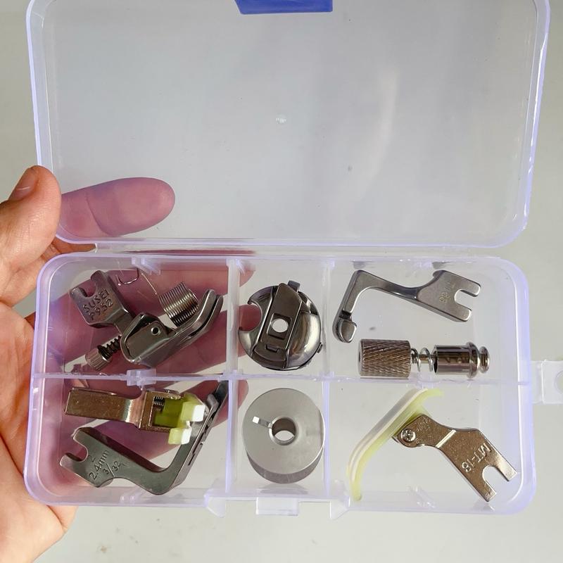 Bộ chân vịt máy may công nghiệp gồm cv nhún,cuốn lai,may mí,nhựa 5ly,tra khoá giọt lệ,râu tôm,thuyền và suốt