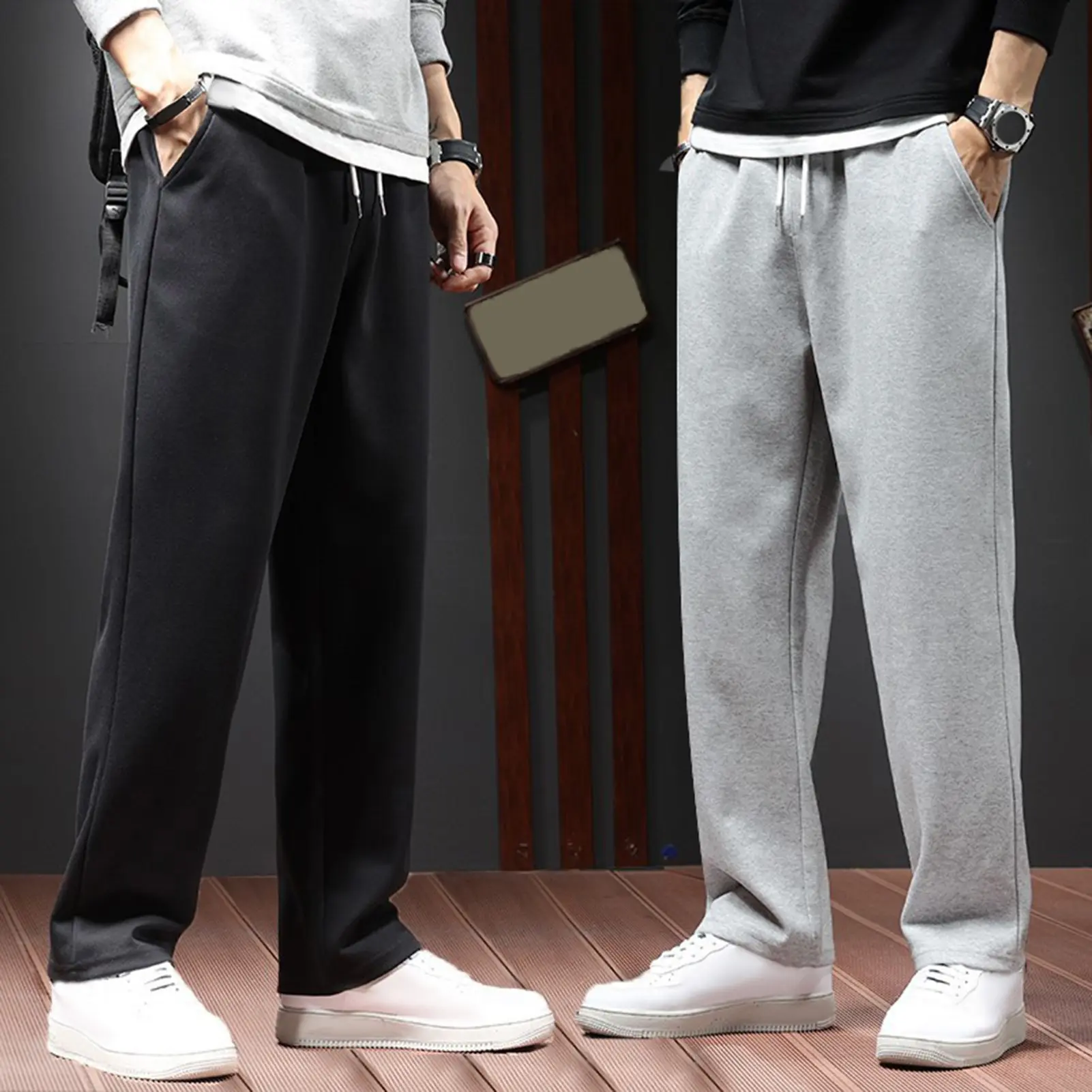 Kenaccin Autumn Casual Men Jogger Pants Loose Wide Leg Sweatpants Elastic Waist Drawstring Pockets Sport Pants