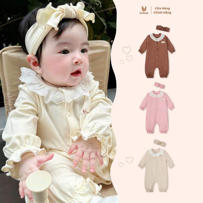 [UNBEE] Bodysuit Bé Gái Cổ Ren Bo Chun Tay Chân Chất Liệu Modal Co Giãn Mềm Mại Tặng Kèm Turban Điệu Đà