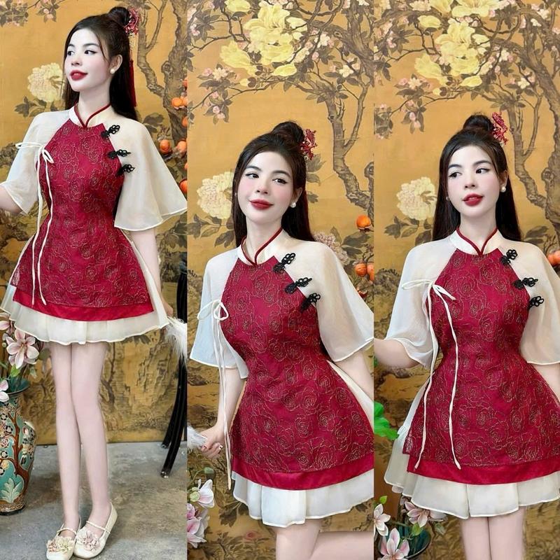  Sét đồ nữ mặc tết áo voan tơ thêu 2 lớp tay lỡ cổ tàu nút mây dính dây cột nơ kèm chân váy voan tơ xinh xắn - Women 