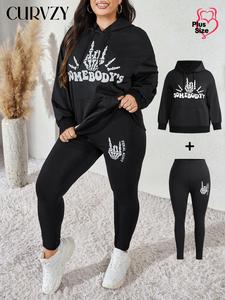 CURVZY Plus Size Two-Piece Set Letter & Skeleton Hand Print Drop Shoulder Hoodie & Skinny Pants, Casual Fashion Drawstring Pocket Hooded Sweatshirt & Leggings for Daily Outdoor Wear, Women Clothing for Fall