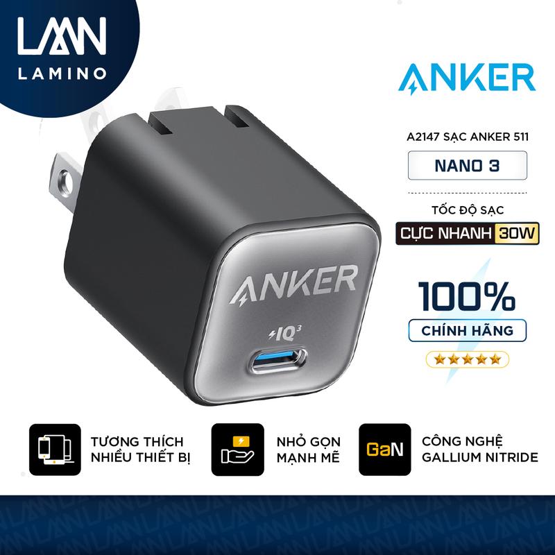 Sạc ANKER 511 Nano 3 30W 1 cổng USB-C PiQ 3.0 tương thích PD - A2147 - Hỗ trợ sạc nhanh 30W cho iPhone 13 trở lên.