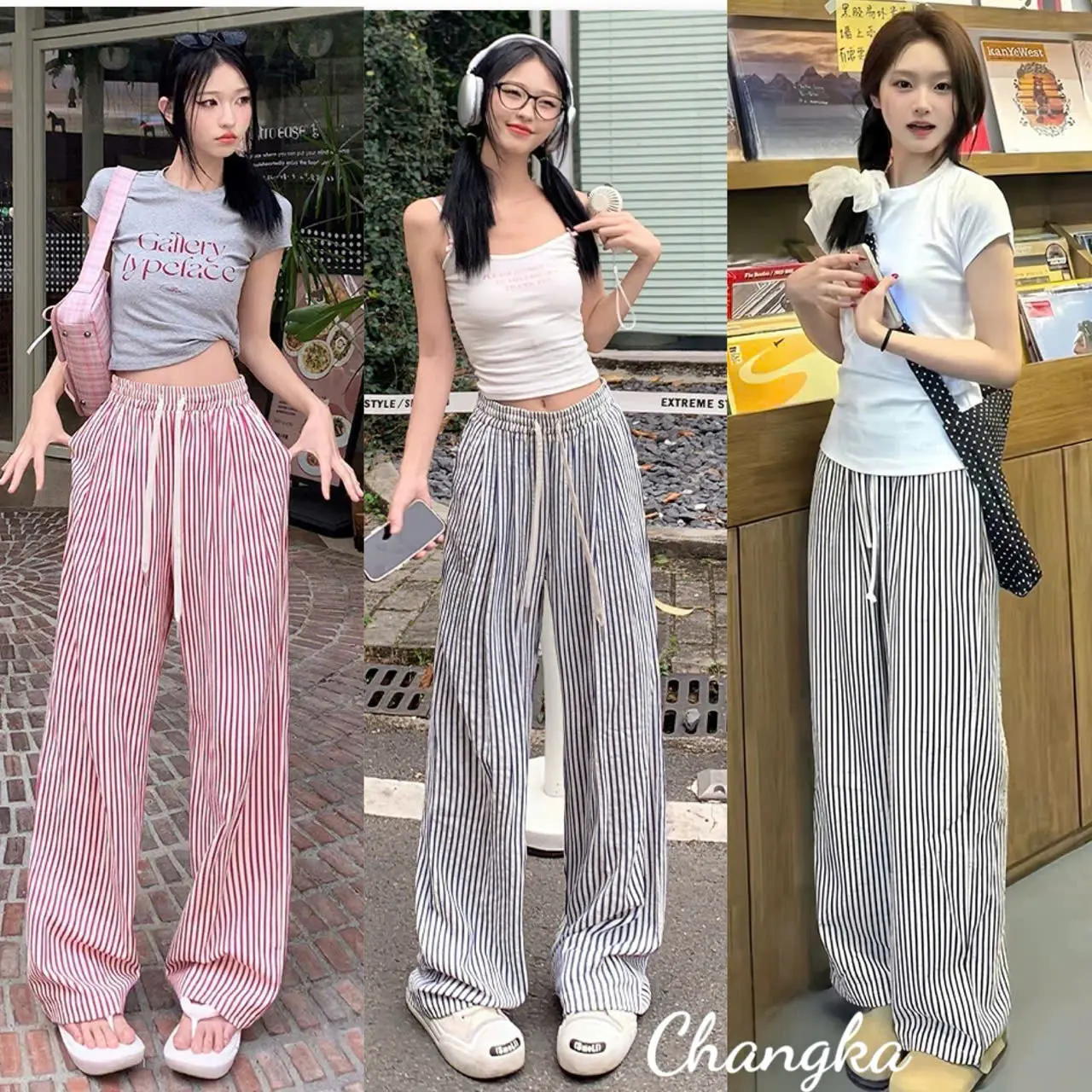 Quần Kẻ Ông Rộng Dáng Suông Nữ Cạp Chun Lưng Cao Hoạ Tiết Kẻ Sọc Lạ Mắt Chất Đũi Thô Nhăn Siêu Mềm Mát Có Túi quần  kẻ  đỏ quan  ong  suong