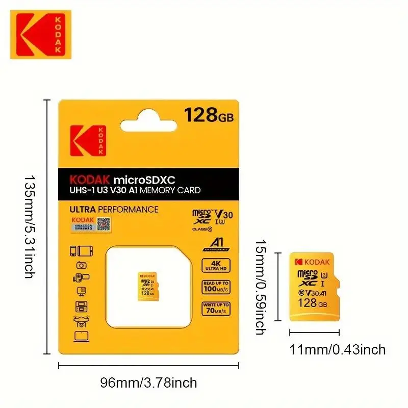 KODAK MicroSDXC Memory Card, 1 Count High Speed TF Card, 32G/64G/128G/256GB Camera Storage Card for Cameras, Mobile Phones, Driving Recorders 1
