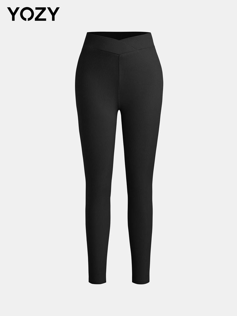 Product Introduction of YOZY Women's Solid Color Ribbed Overlap Waist Leggings, Casual Comfy Breathable Skinny Pants for Daily Wear, Ladies Bottoms for All Seasons 11