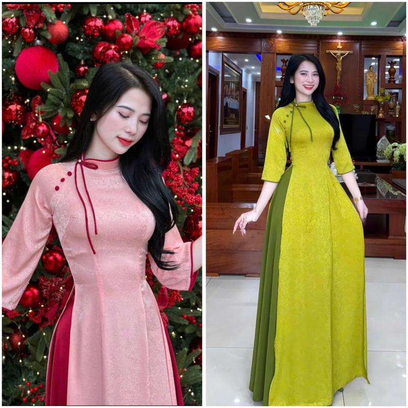 Áo dài truyền thống MINH KHUÊ chất liệu gấm cổ lệch phối nơ tay lỡ 0