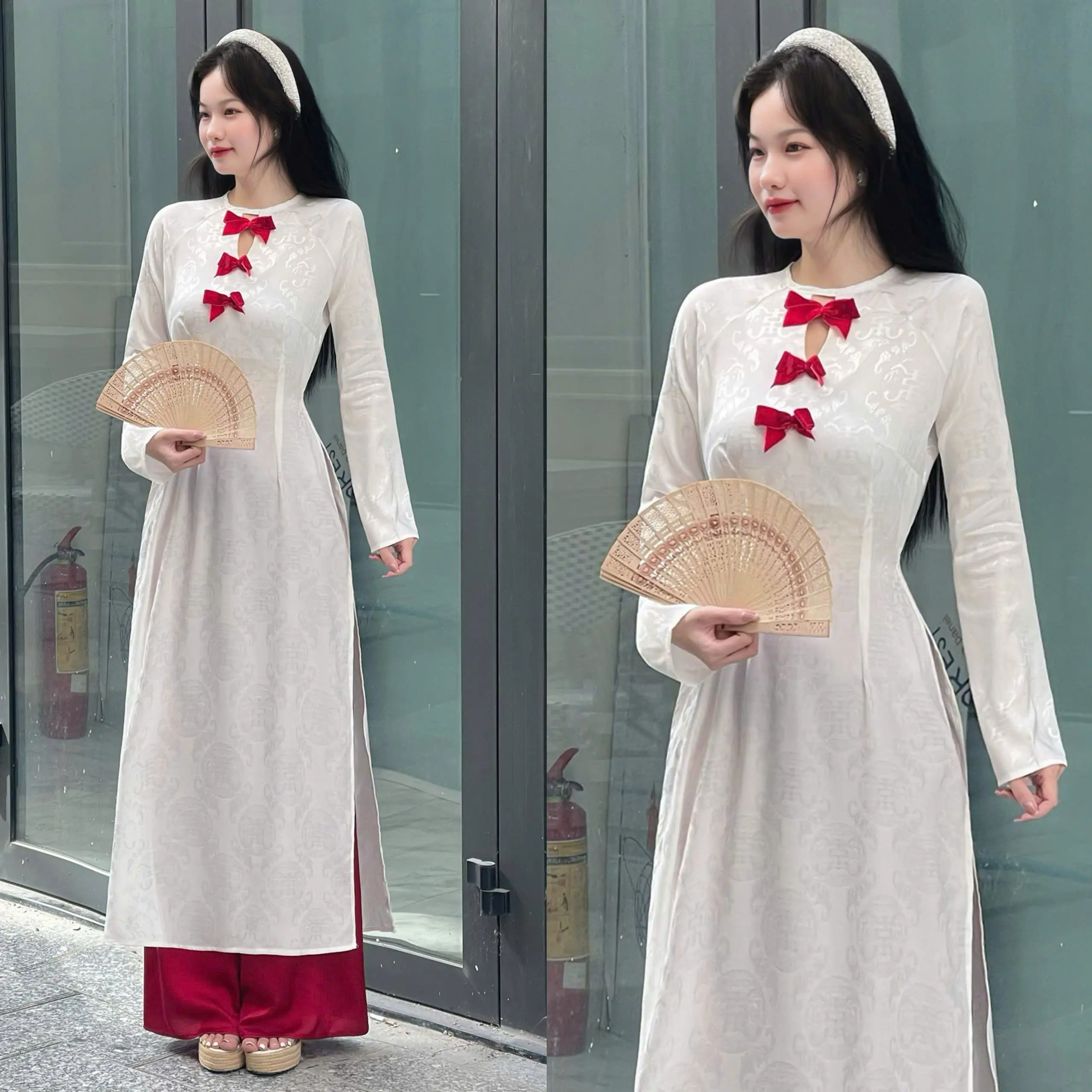 Áo Dài Nữ Thiết Kế EMME Cổ Tròn Đính Nơ Tay Dài Cách Lụa Gấm 2Da Form Ôm Cách Điệu [ Kèm Quần Lụa ] - V1996