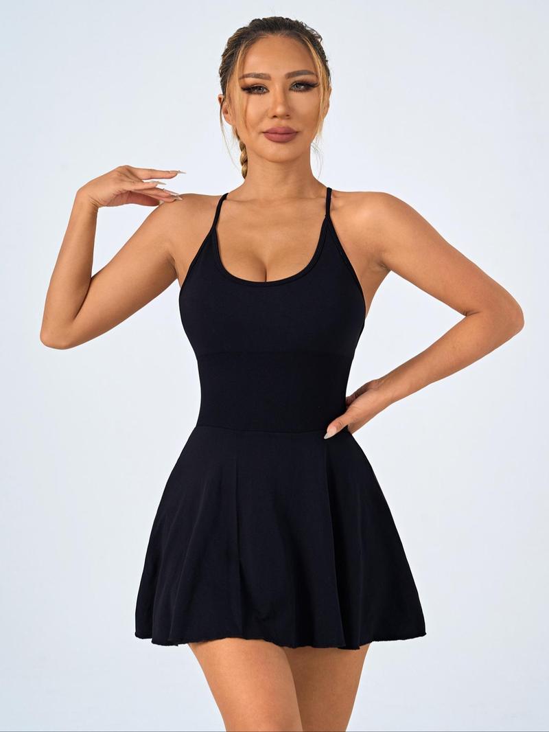 Product Introduction of Sporty Women's Plain Criss Cross Backless Sports Dress with Removable Chest Pad, Regular Fit Sport Built-In Shorts Sleeveless Spaghetti Strap Mini Dress for Yoga Gym Workout, Ladies Sportswear for All Seasons 7