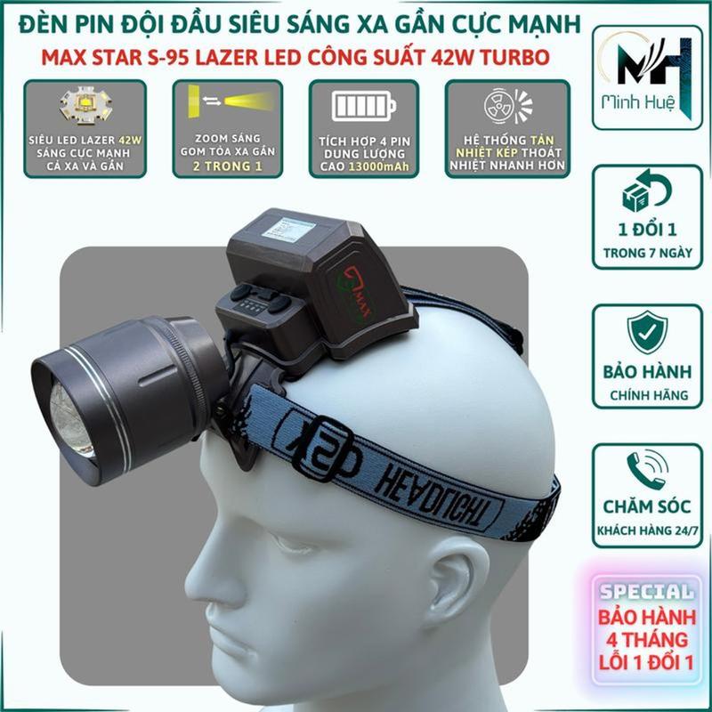Đèn pin đội đầu siêu sáng MAX STAR S95 zoom xa gần công suất cao 40W soi xa 1200 mét siêu pin trâu denchieu  sang kích  điện đèn  pin