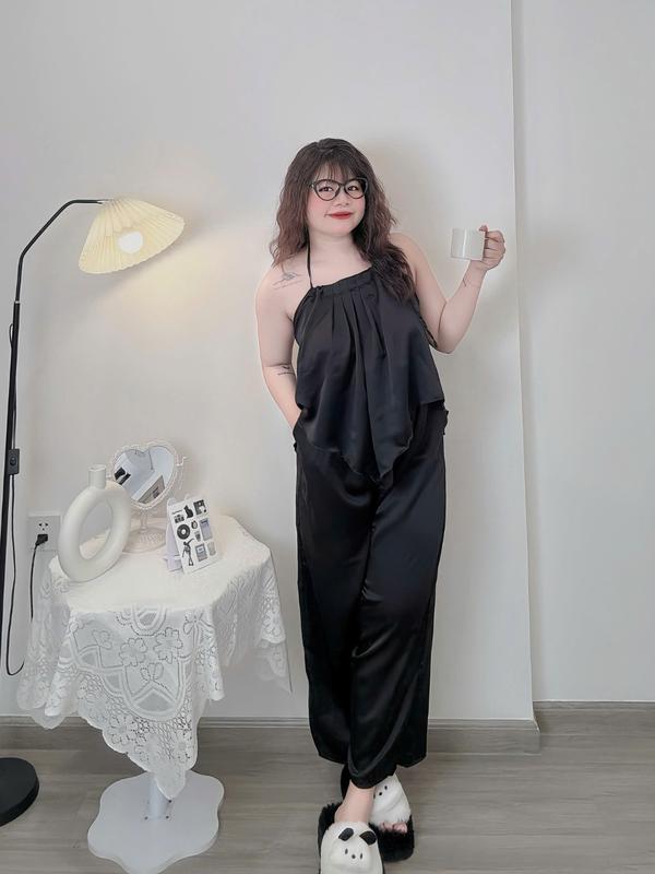 Freesize 60Kg-90Kg Set Yếm Dây Cột Quần Suông Dài Có Túi Cho Nữ Chất Vải Lụa Satin Trơn Lưng Bo Thun Hở Lưng Quần Ngủ Áo Ngủ Women