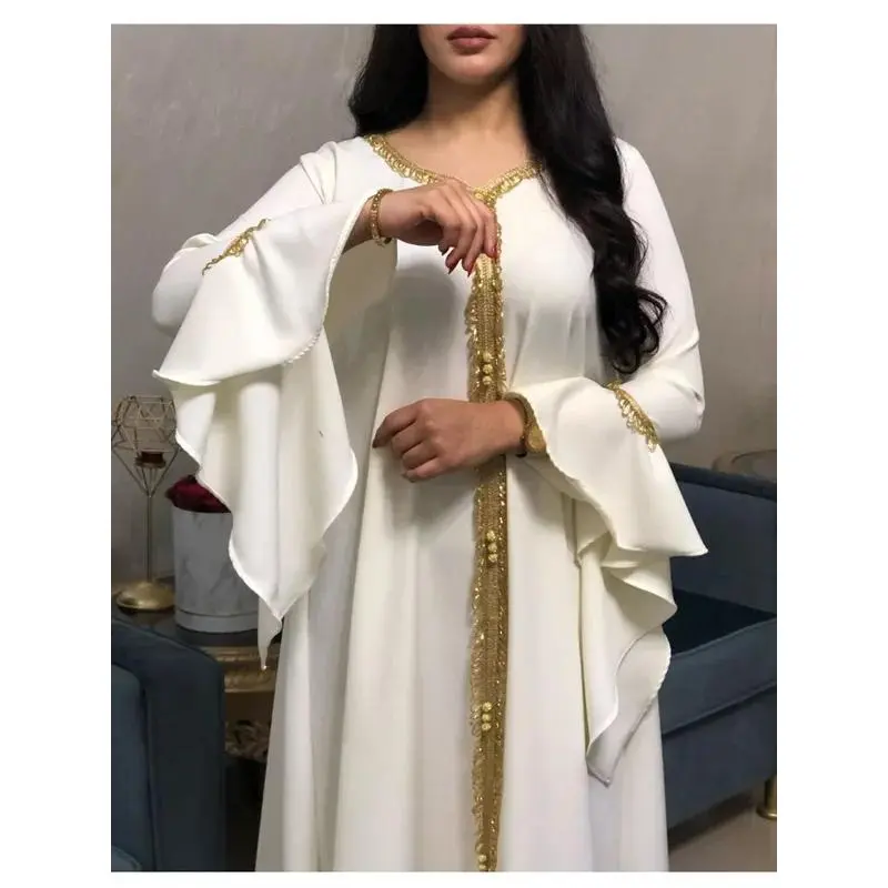 Autumn modest Muslim dress for women ruffles sleeve embroidered abaya Duabi Arabic vestidos Moroccan kaftan Islamic gown robe