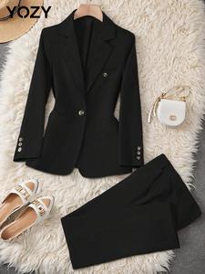 YOZY Women's Solid Color Button Front Blazer & Pants Two-piece Set, Long Sleeve Lapel Neckline Blazer & Pocket Trousers, Casual Spring & Fall Outfits Clothes for Ladies