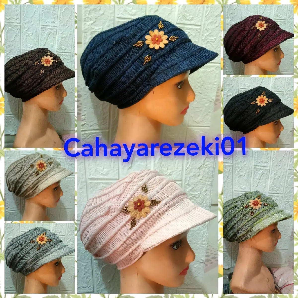Ciput Rajut Nenek Bunga Siro dengan Topi - Aksesoris Fashion turban rajut turban ibu santai elegan