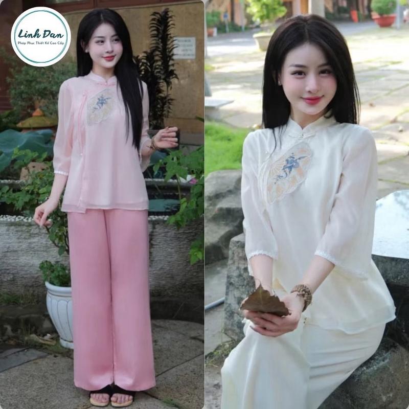 LINH ĐAN. Bộ Quần Áo Đi Chùa Voan Tơ Thêu Cao Cấp Cho Nữ - Nhung, Women