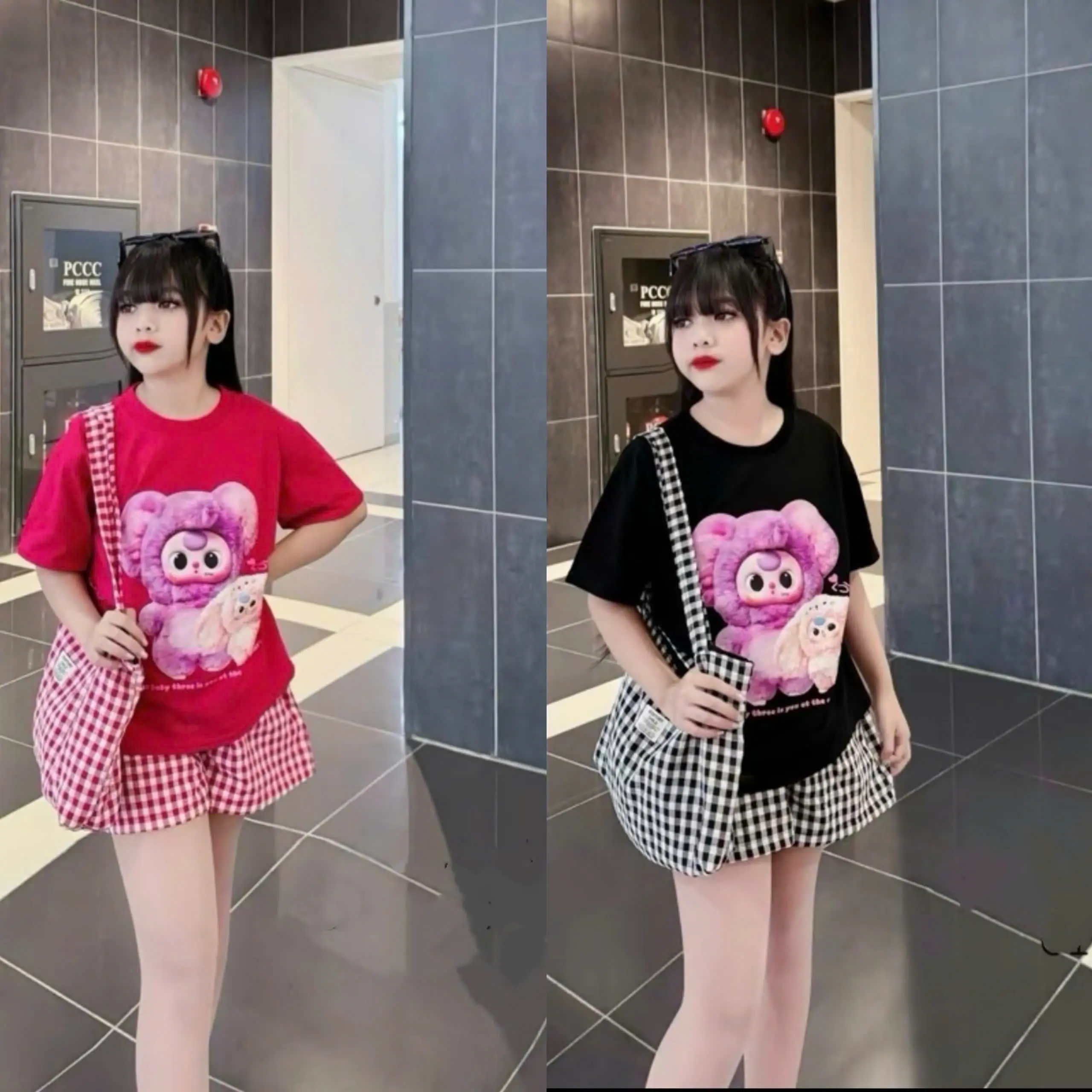 bộ quần áo bé gái 9-44kg chất liệu thun thoáng mát thiết kế quần kẻ ô áo in hình Bayby Three dễ thương(qí)