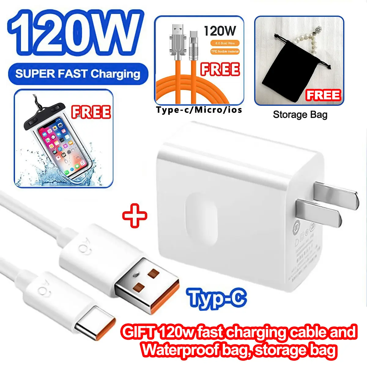 EAGO 120W Super Fast Charger High-Power Charger  Applicable to Huawei Xiaomi Fast Charging Cable High-Power  | 3 Free Gift : Android 120W fast charging cable and  Storage Bag and waterproof bag Magnetic Digital Usb Smartphone Cellphone Electronic